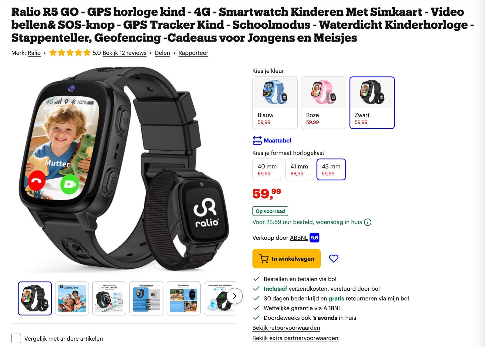 RaliO R5 GO Smartwatch Kind - GPS, 4G, Videobellen, SOS, Ophalen, Nieuw, Zwart, Jongen of Meisje