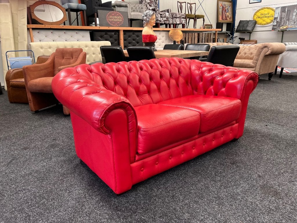 Chesterfield Maarssen !! Rood Leren 2 Zits Chesterfield Bank, Huis en Inrichting, Ophalen, 150 tot 200 cm, Chesterfield, Tweepersoons