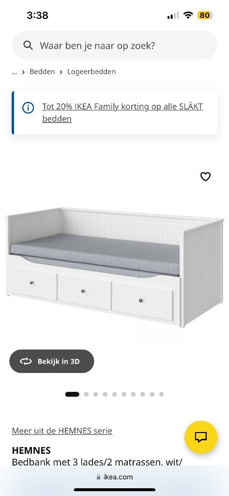 IKEA HEMNES Bedbank met 3 lades en 2 matrassen, Ophalen, Modern, functioneel, Scandinavisch, Wit, Tweepersoons