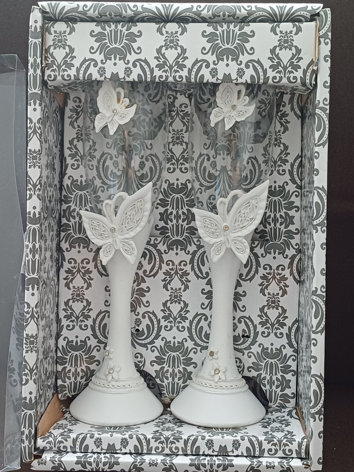 Bruiloft champagneglazen en taartschep set met vlinders, Ophalen