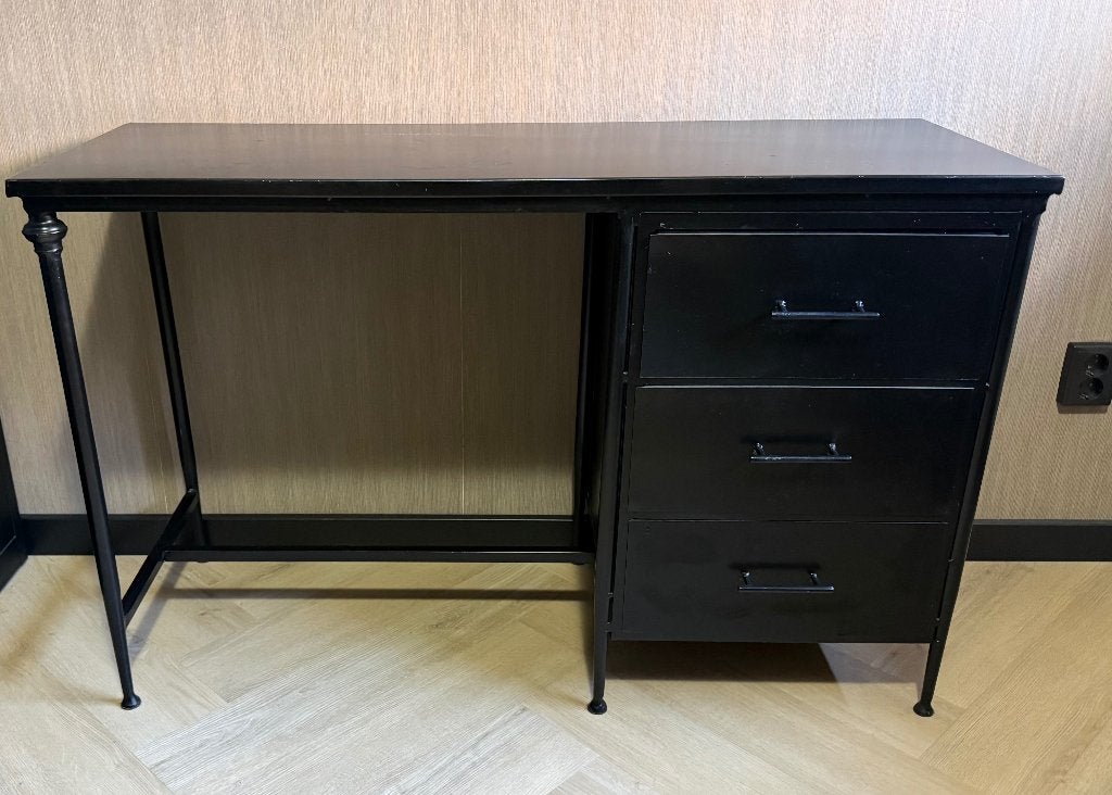 Industrieel zwart metalen Rootsmann bureau met 3 lades, Ophalen, Zwart, Gebruikt, 120 cm