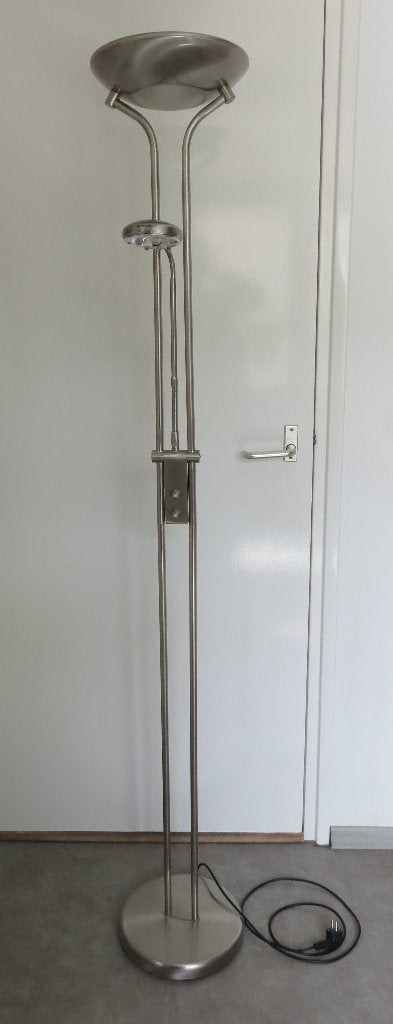 Massive RVS uplighter vloerlamp met leeslamp, Ophalen, Zo goed als nieuw, Glas, Modern