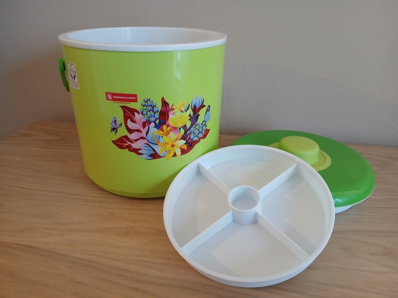 Maspion Plastic Thermos emmer met deksel en bloemmotief, Groen, Kunststof, Ophalen of Verzenden, Zo goed als nieuw