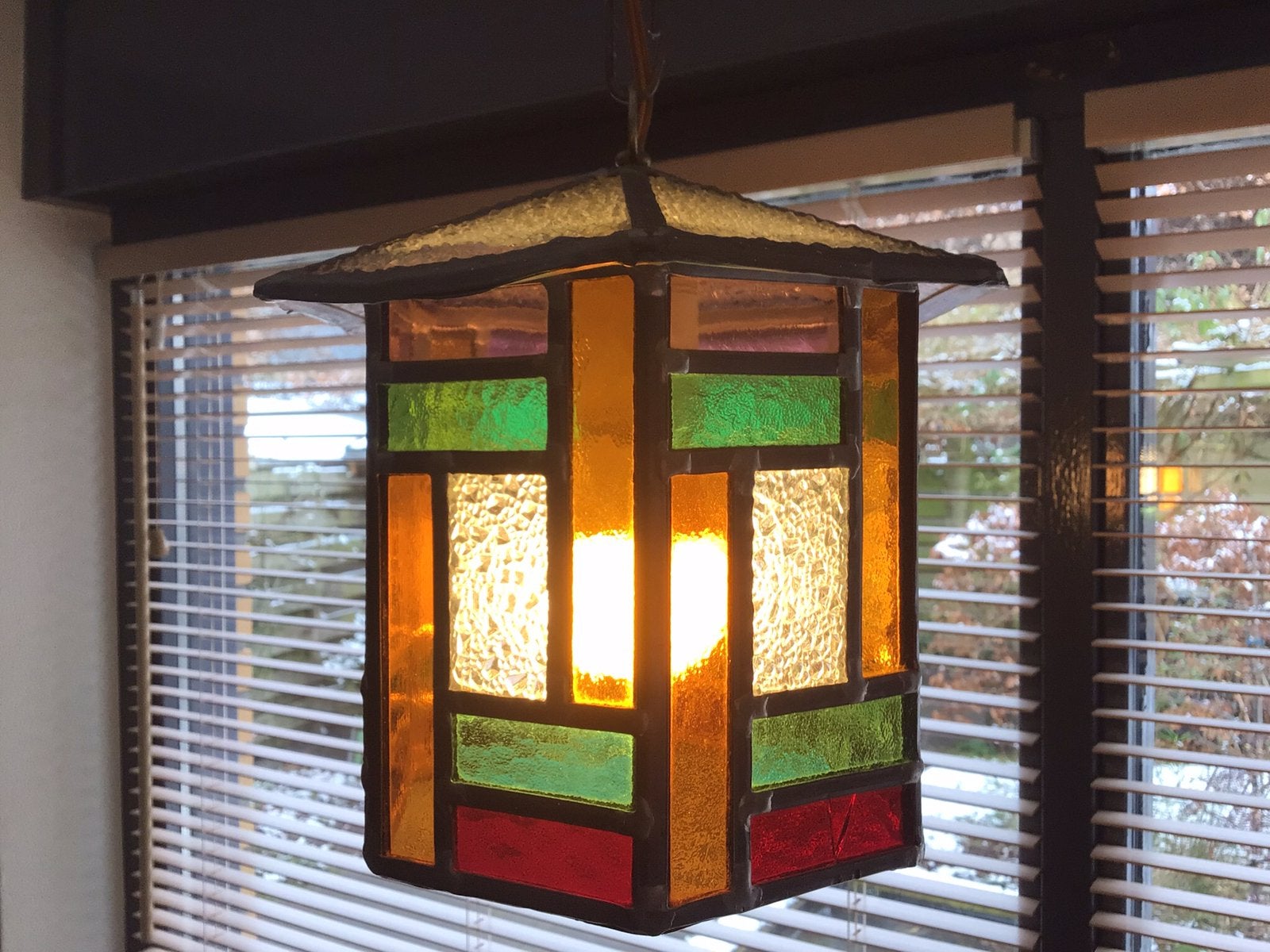 Glas in lood hanglamp zeshoekig lantaarn originele ketting, Ophalen of Verzenden