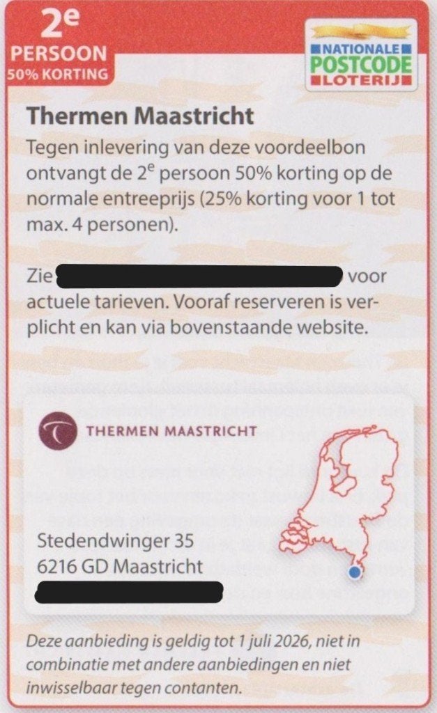 Thermen Maastricht. 2e persoon 50% korting. Postcode bon., Tickets en Kaartjes, Kortingen en Cadeaubonnen, Twee personen, Kortingsbon