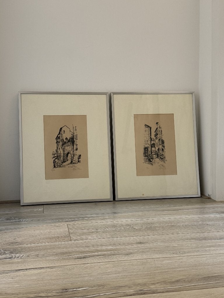 Twee schetsen Vence Frankrijk in lijst, Antiek en Kunst, Kunst | Tekeningen en Foto's, Ophalen