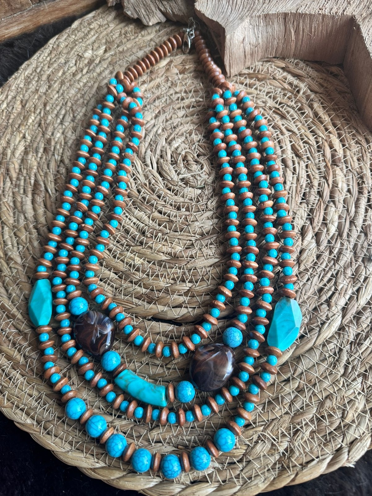 Boho halsketting / turquoise / vier lagen / beachwear, Sieraden, Tassen en Uiterlijk, Ophalen of Verzenden, Nieuw, Overige materialen