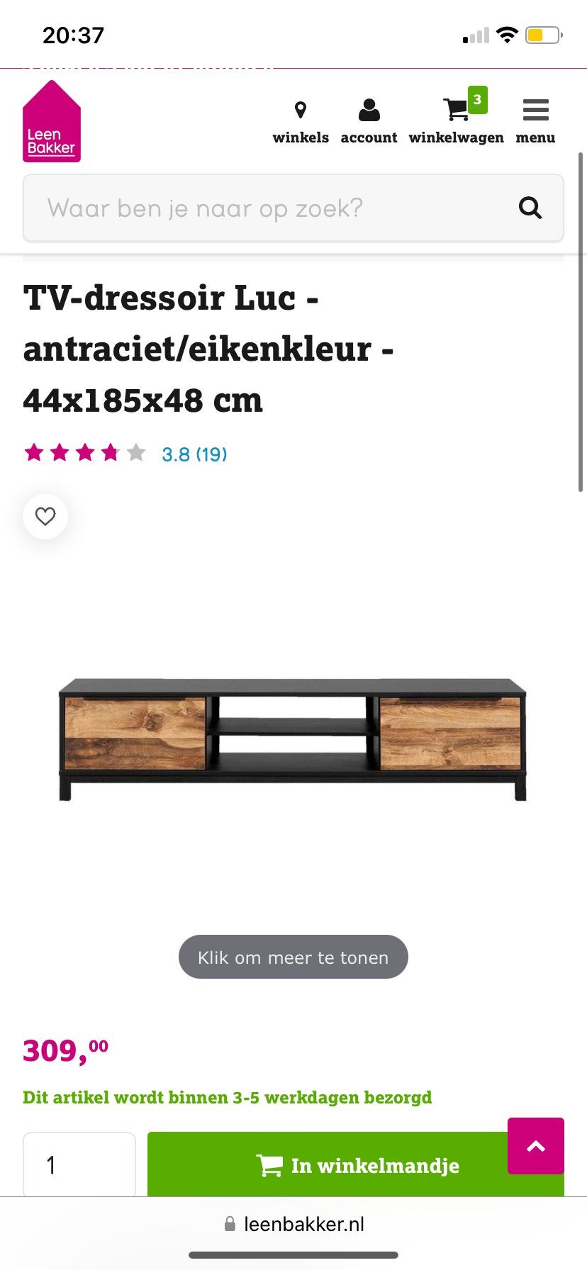 Nieuwe TV-dressoir Luc - antraciet/eikenkleur - 44x185x48 cm, Ophalen, 150 tot 200 cm, Nieuw, Minder dan 100 cm
