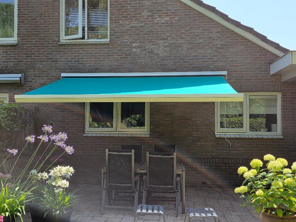 Knikarm Zonnescherm, Ophalen, Gebruikt, 150 tot 300 cm, 250 cm tot 450 cm