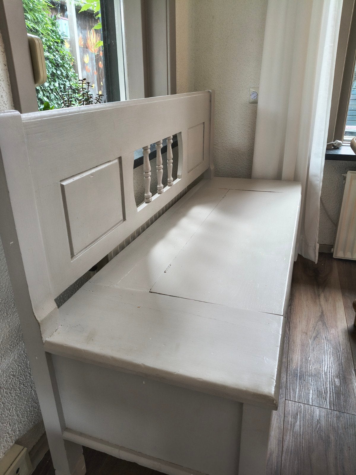 Houten eetbank met opbergruimte - 140 cm, Ophalen, Gebruikt, Minder dan 75 cm, Tweepersoons