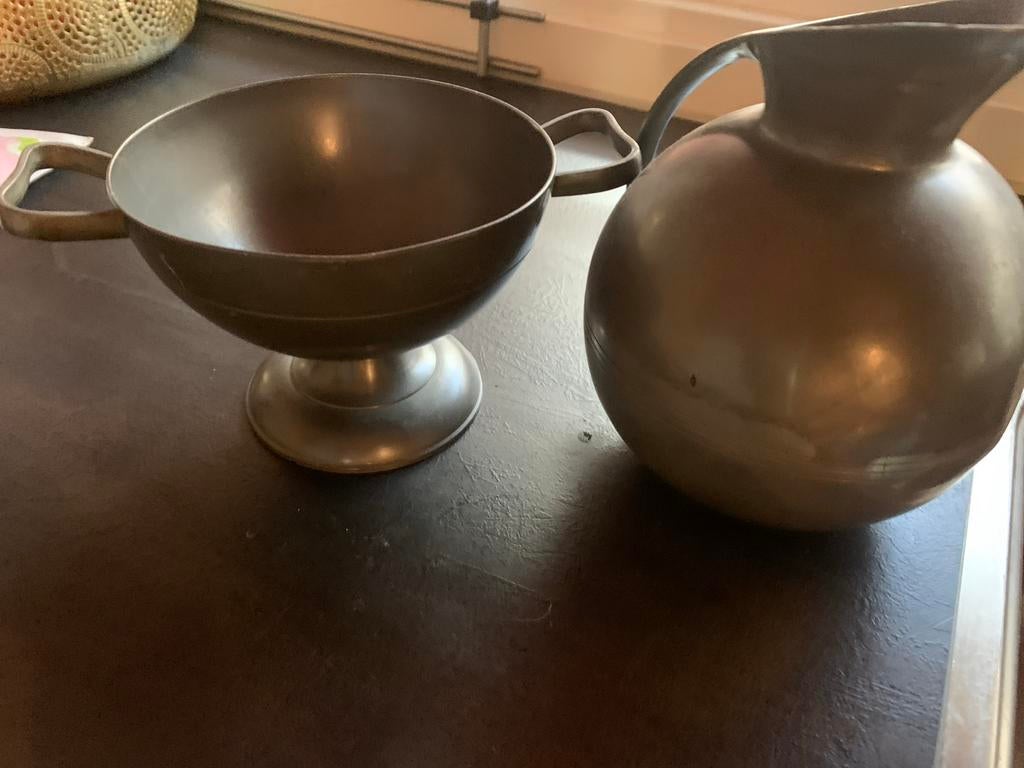 Vintage tinnen kan en schaal van Pasch Venlo, Ophalen of Verzenden
