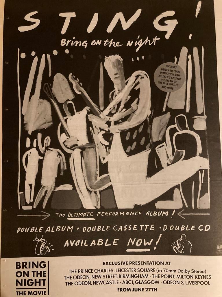 Paginagrote A3 advertentie STING Bring On The Night release, Ophalen of Verzenden, Zo goed als nieuw, A1 t/m A3