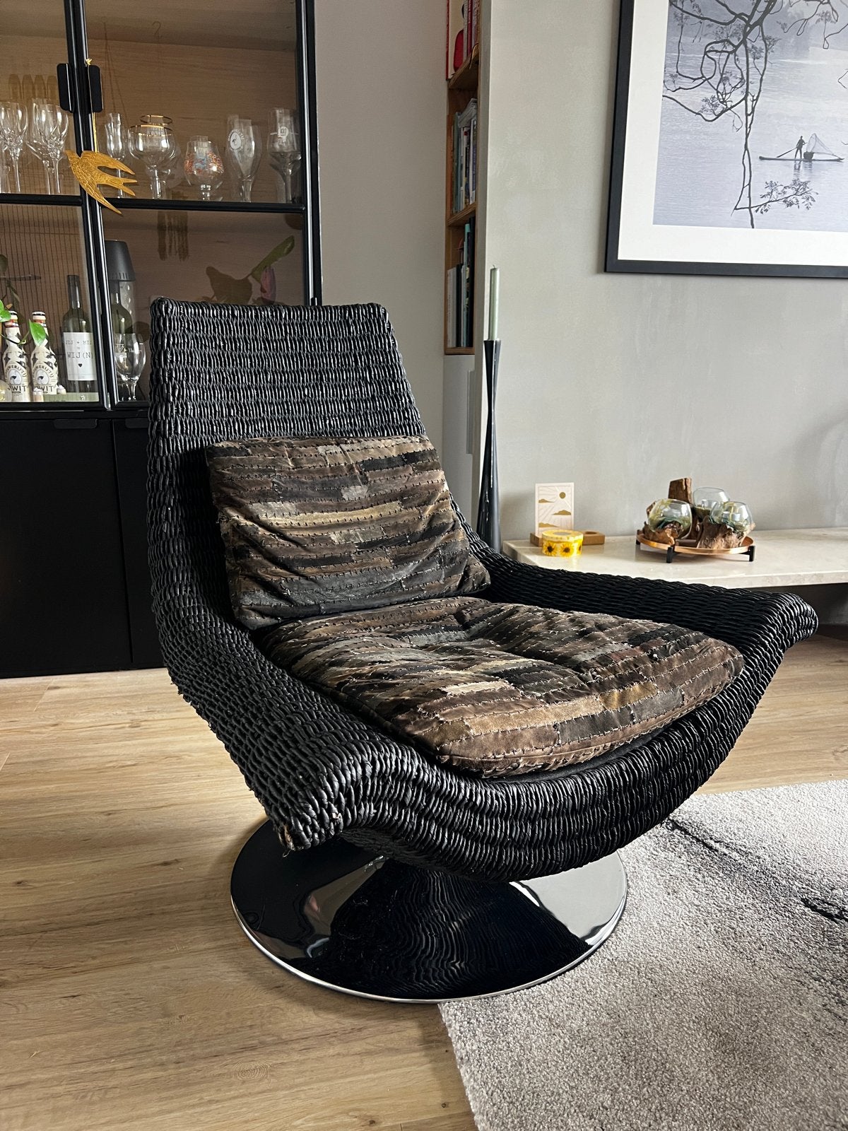 Vintage design rotan draaifauteuil, Ophalen, Gebruikt, Zwart, Riet of Rotan