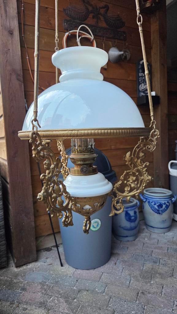 Antieke hangende olielamp -  schippertje, Antiek en Kunst, Antiek | Lampen, Ophalen
