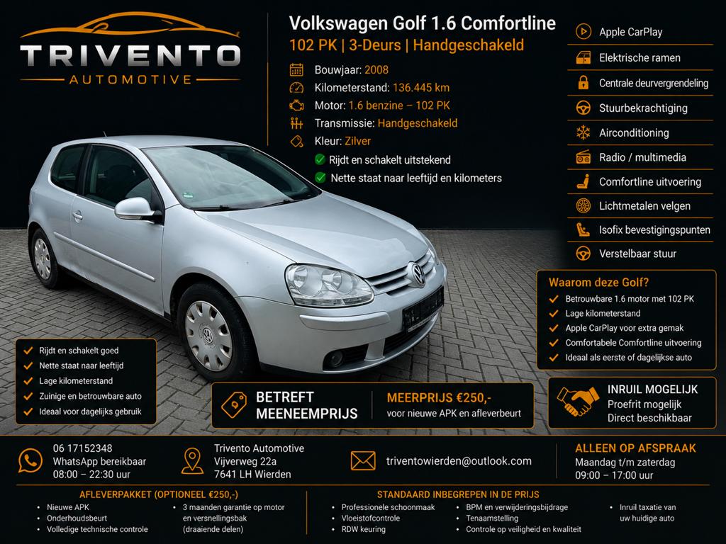 Volkswagen Golf 1.6 Comfortline AIRCO/ APPLE CAR PLAY, Auto's, Volkswagen, Stof, Huisgarantie, 4 cilinders, Met garantie (alle)
