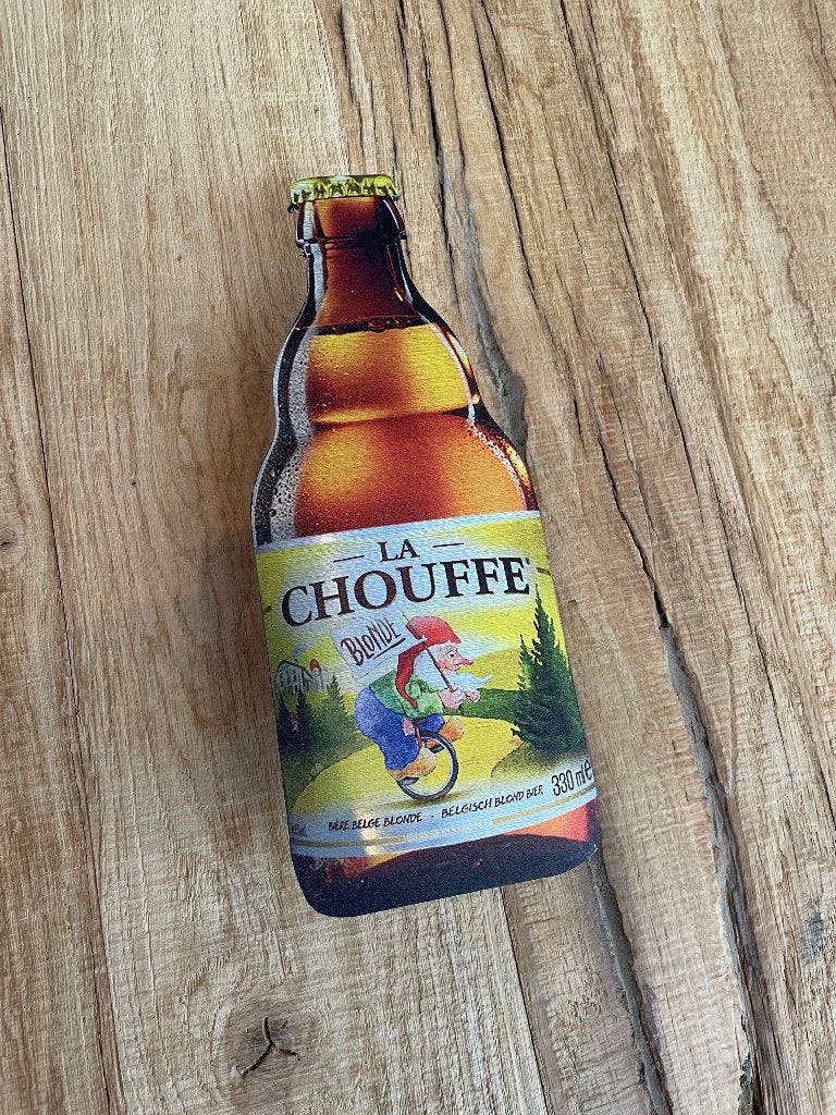 Reclamebord Chouffe bierfles klein, aluminium, afm 10x25 cm, Ophalen of Verzenden, Nieuw, Reclamebord, Plaat of Schild, Overige merken