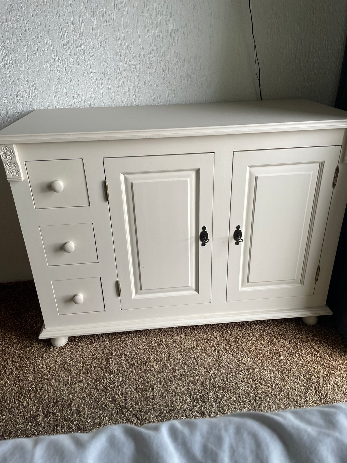Massief houten commode beige matte verf, Ophalen, Gebruikt, 50 tot 70 cm, 100 cm of meer