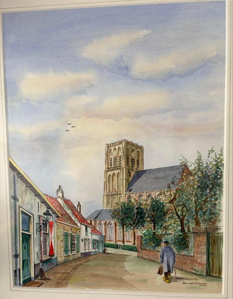 Aquarel Brielse Dom door Dick van Rixoort (2005), Ophalen of Verzenden
