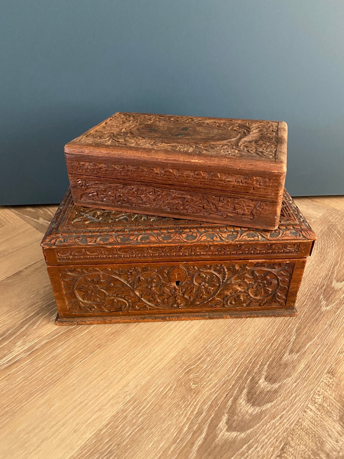 Houtsnijwerk kistjes, Huis en Inrichting, Woonaccessoires | Kisten, Ophalen, Gebruikt, Minder dan 50 cm