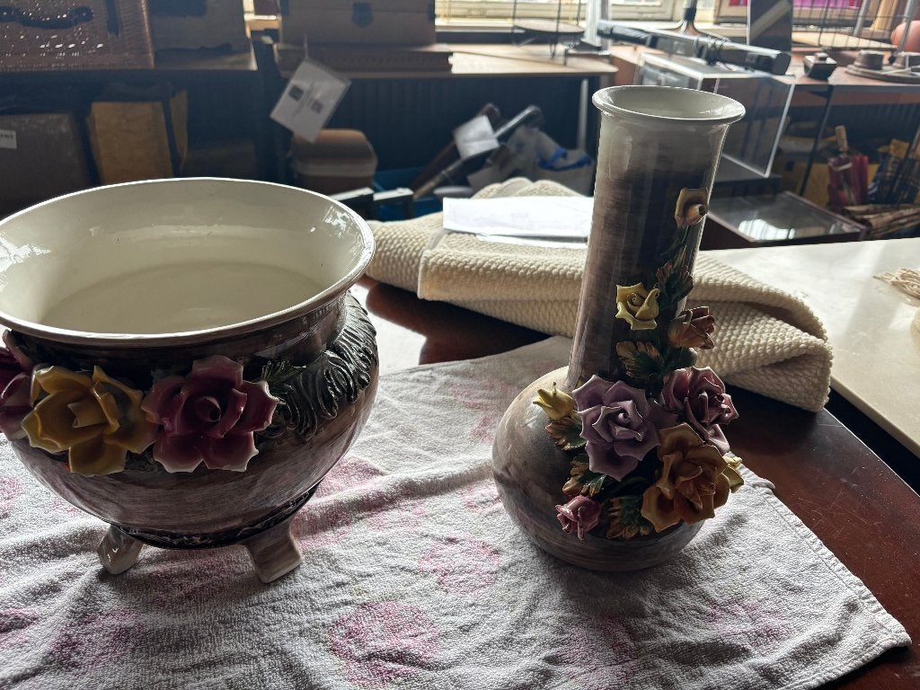 Majolica Bloempot en Vaas Set RWS Keramiek Antiek, Ophalen