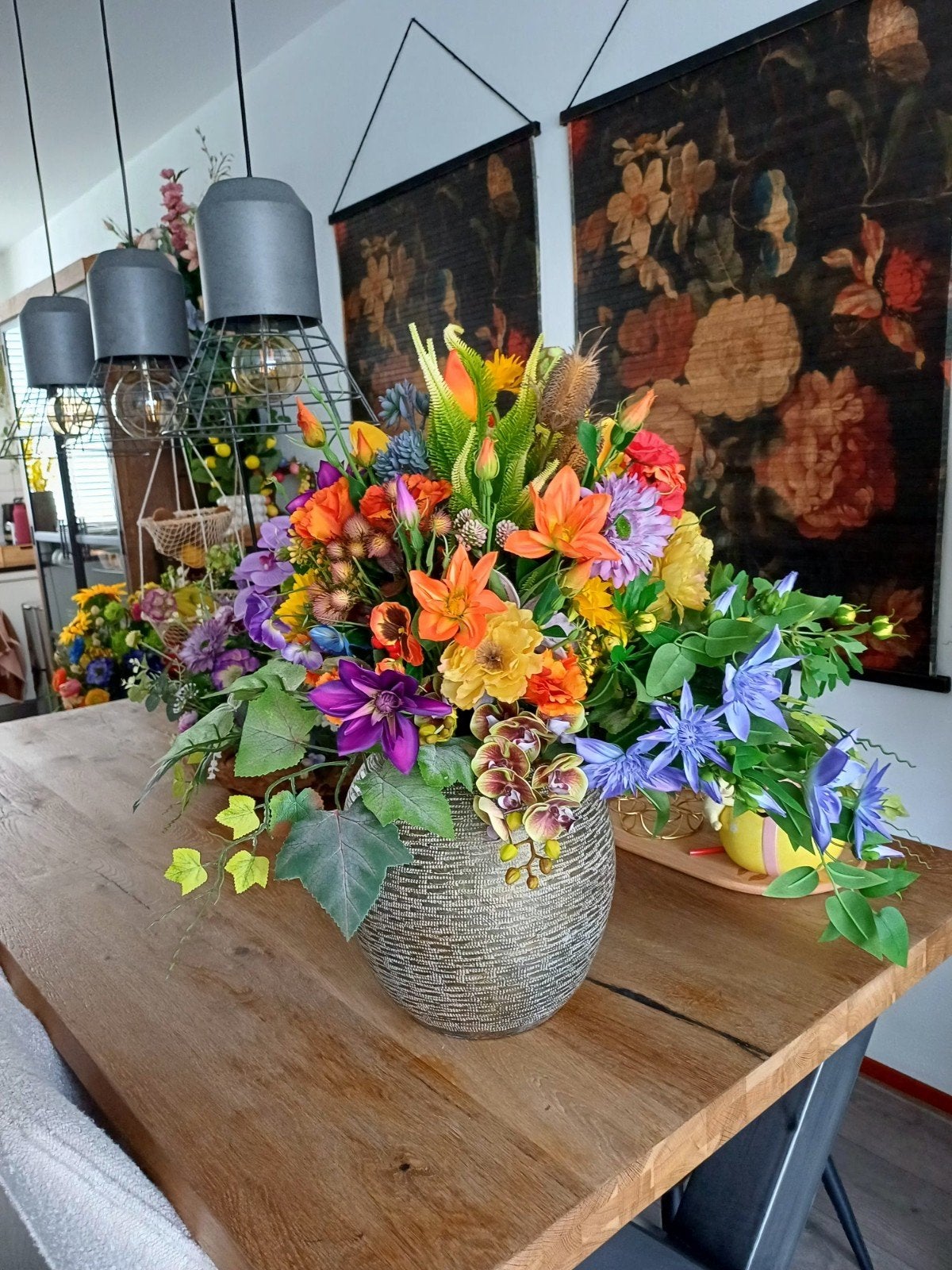 Groot Kunstboeket met Vaas - Zonnebloemen & Kleurrijk, Binnen, Met pot of vaas, Ophalen of Verzenden, Zo goed als nieuw