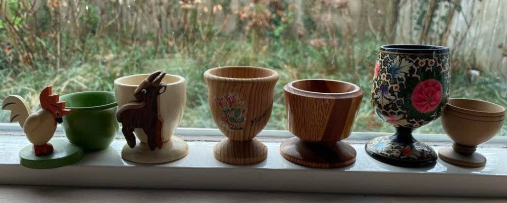 6 houten eierdopjes, Ophalen of Verzenden, Zo goed als nieuw