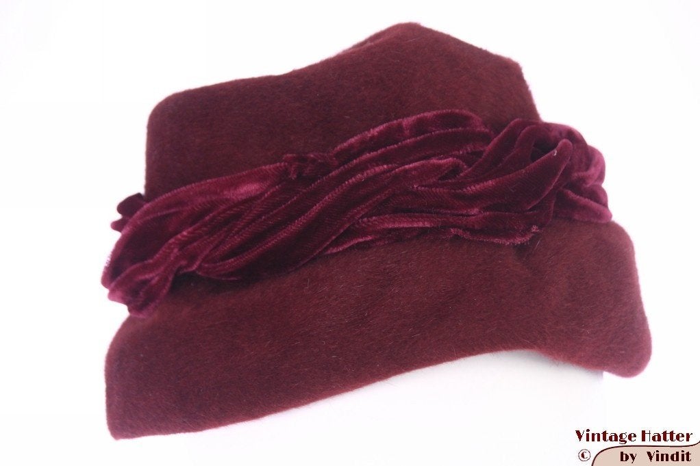 Vintage Dameshoed Rossi bordeaux rood haarvilt 55 = S tot XS, Hoed, Ophalen of Verzenden, Gedragen, Rossi Montevarchi