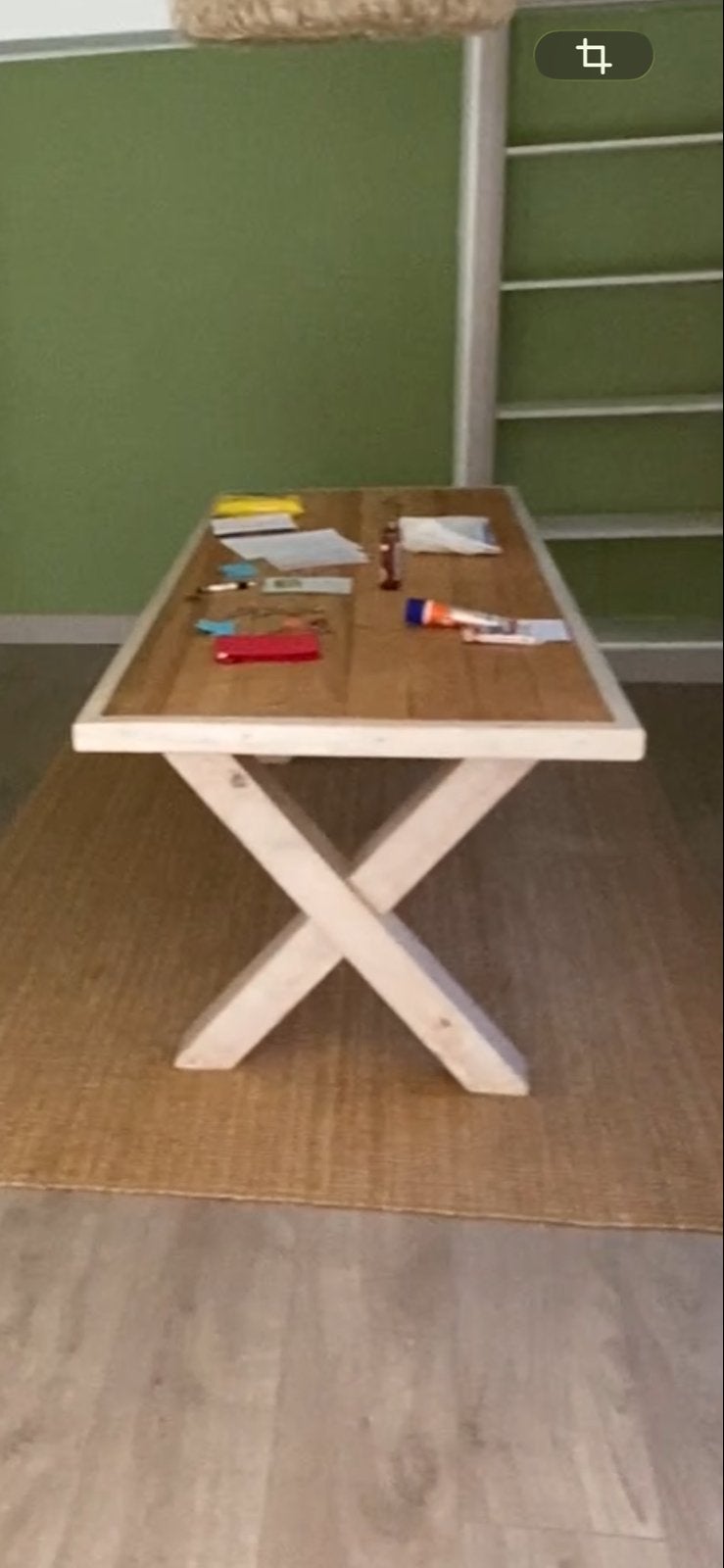 Robuuste houten eettafel met X-poten (223x90 cm), Huis en Inrichting, Gebruikt, 200 cm of meer, Vier personen, Rechthoekig