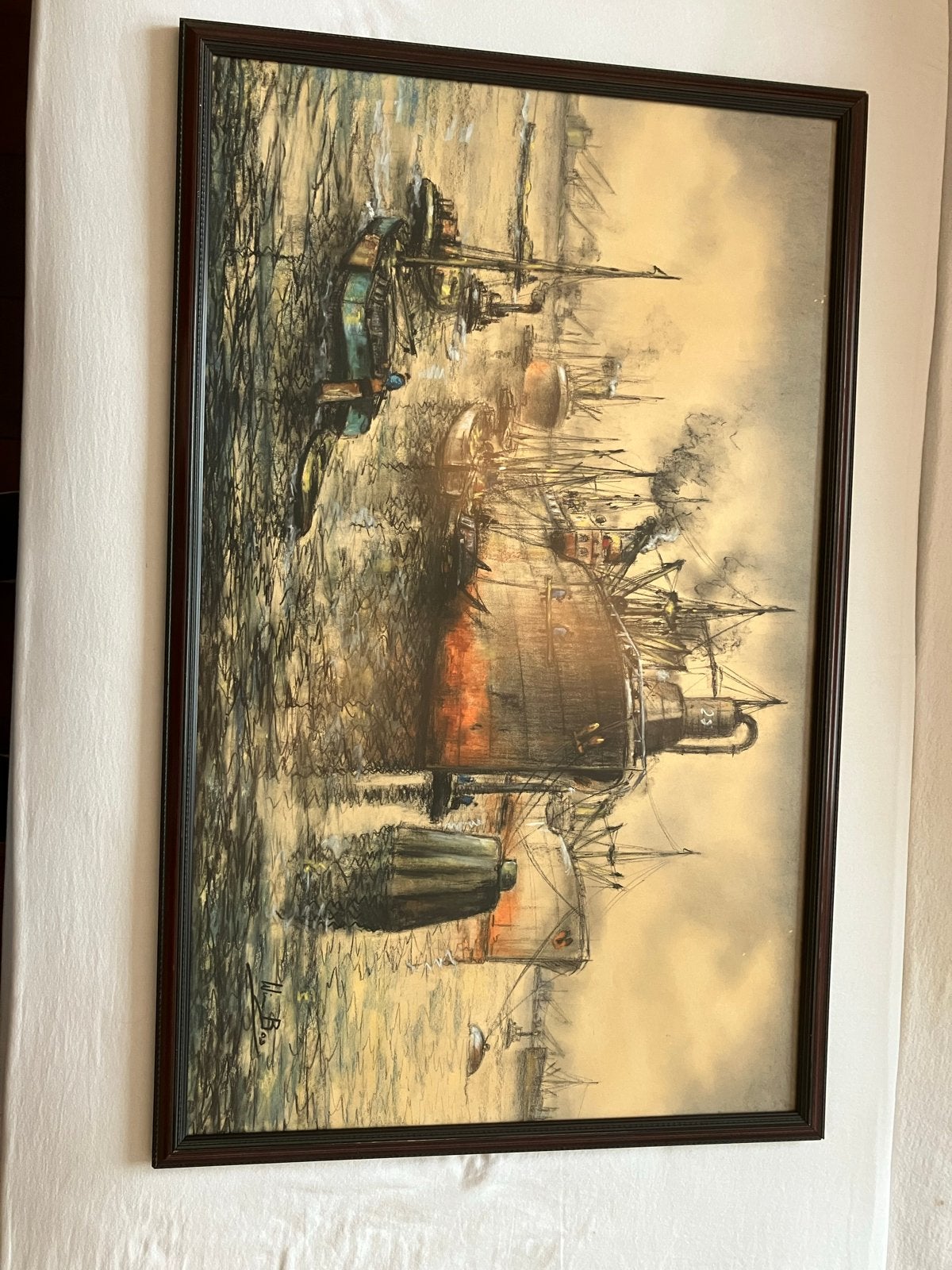 Maritiem schilderij: havengezicht met schepen, Antiek en Kunst, Maritiem / water, Realistisch, Ophalen of Verzenden, Gesigneerd