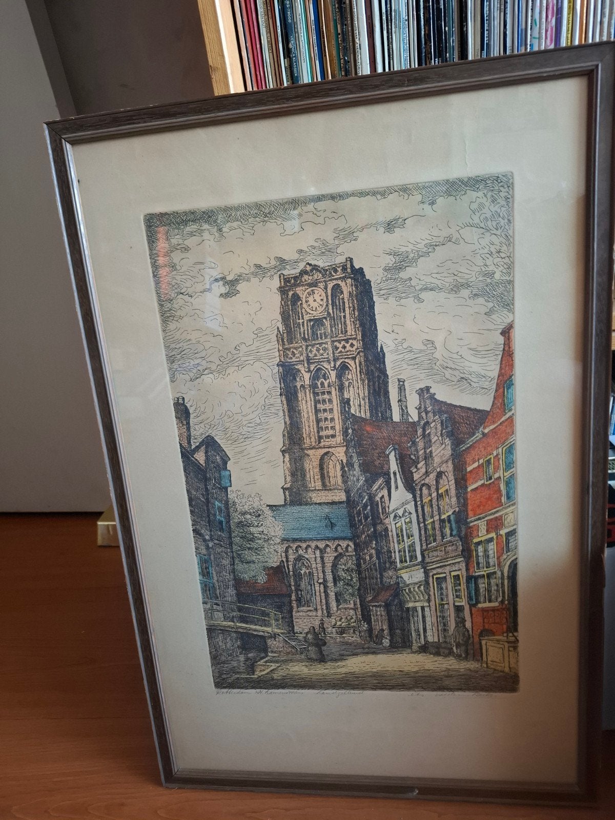 Grote ingekleurde ets Rotterdam, Ophalen, Stadsgezicht, Ets, Ingelijst