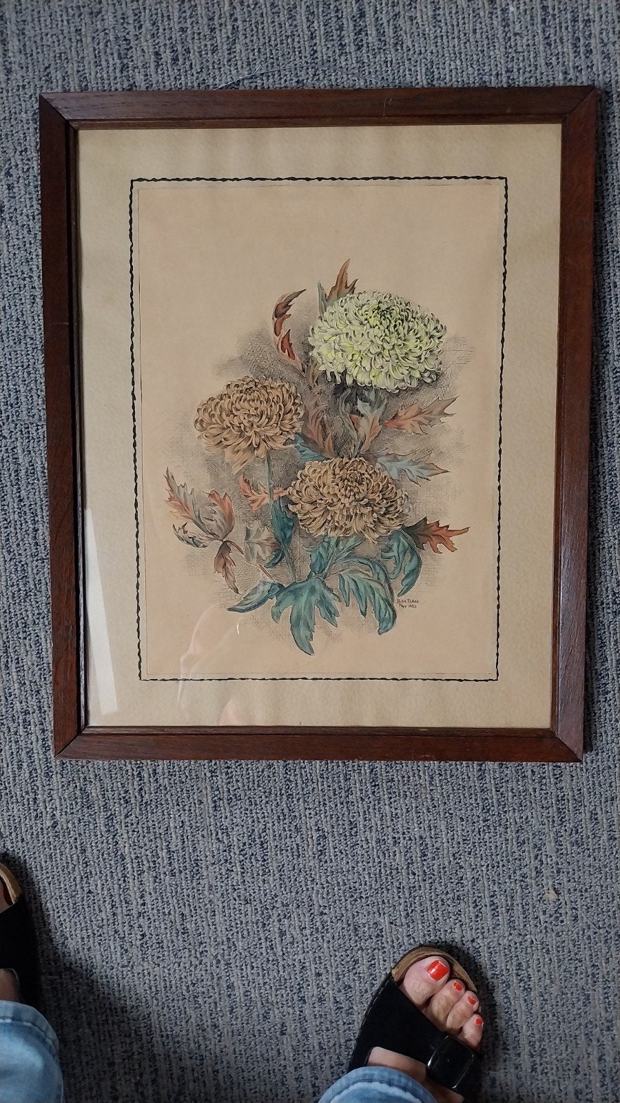 schilderij met chrysanten ingelijst bruine eiken lijst, Antiek en Kunst, Ophalen, Klassiek, Gemengde techniek, Bloemen
