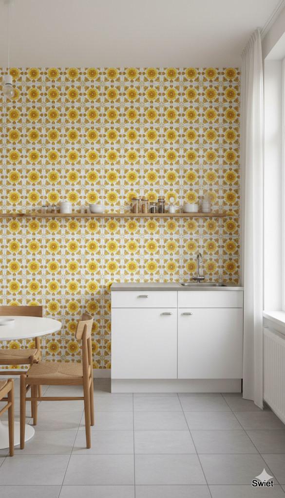 14155 vintage floral tile behang geel oker oranjebruin swiet, Huis en Inrichting, Stoffering | Behang, Verzenden, Minder dan 10 m²