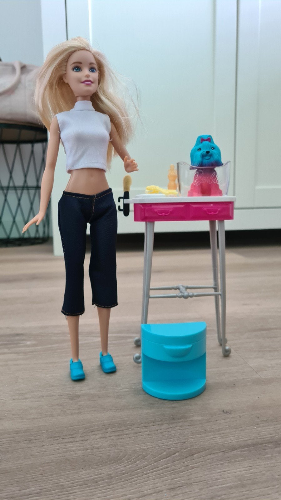 Barbie pop met hondje en verzorgingsset, Kinderen en Baby's, Speelgoed | Poppen, Ophalen of Verzenden, Zo goed als nieuw, Barbie