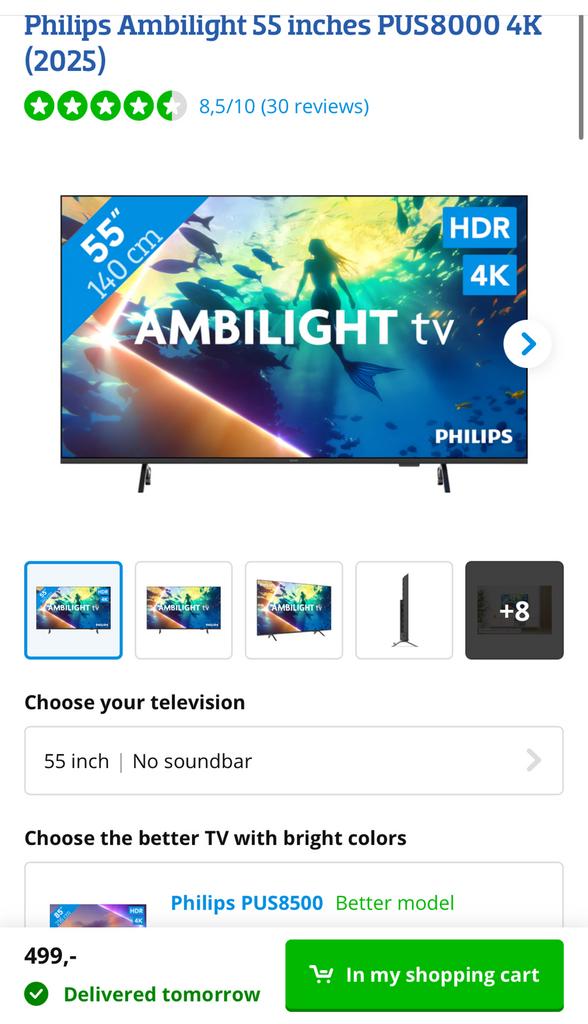 Philips Ambilight 55 inch 4K Smart TV PUS8500 (Nieuw), Ophalen, Zo goed als nieuw