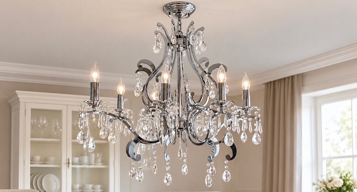 Elegante Kroonluchter met Kristallen Decoratie, Ophalen, Zo goed als nieuw, Metaal, E14 (klein)