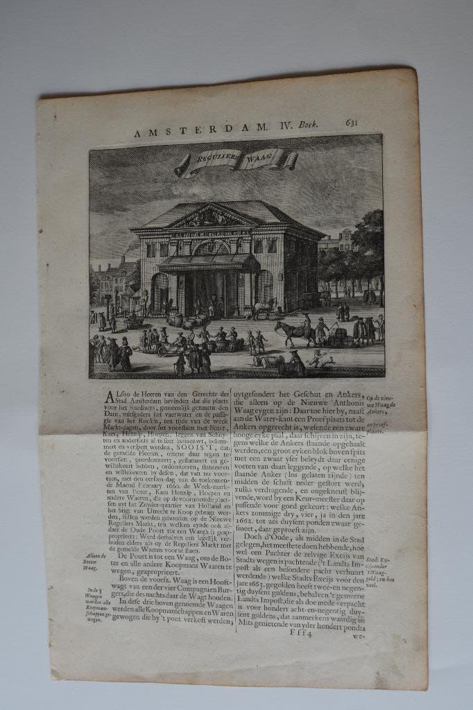 AMSTERDAM REGULIERS WAAG REMBRANDTPLEIN GRAVURE 1726 G91, Antiek en Kunst, Kunst | Etsen en Gravures, Verzenden, Stadsgezicht