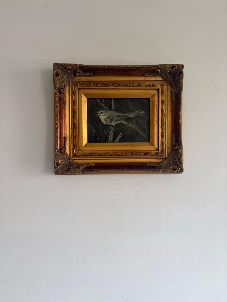 Klassiek schilderij: Vogel op tak (28x34 cm), Antiek en Kunst, Ophalen of Verzenden