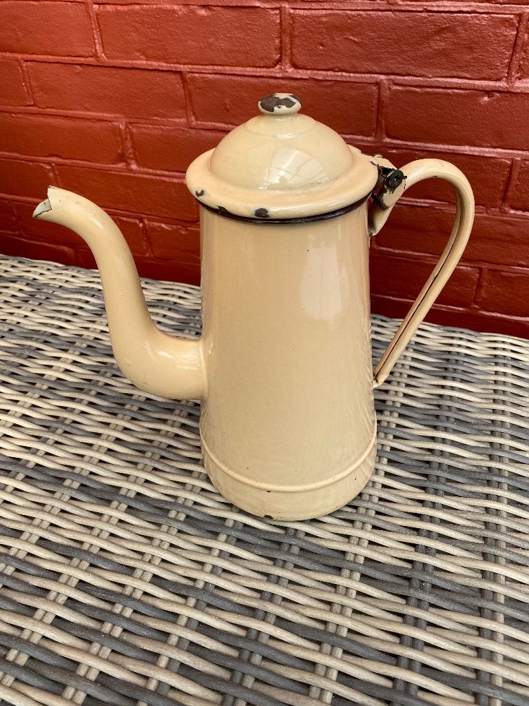 Brocante, vintage crème/beige/karamel emaille koffiepot, Ophalen of Verzenden