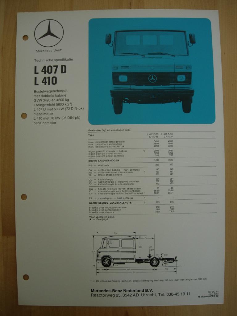 Mercedes 407 410 Technische Specificatie folder 1983 DC 407D, Zo goed als nieuw, Mercedes-Benz, Mercedes, Ophalen of Verzenden