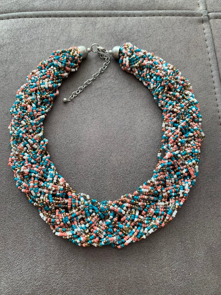 Boho Ibiza tricolor vlecht ketting necklace kraaltjes vlecht, Nieuw, Ophalen of Verzenden, Steen of Mineraal, Met edelsteen