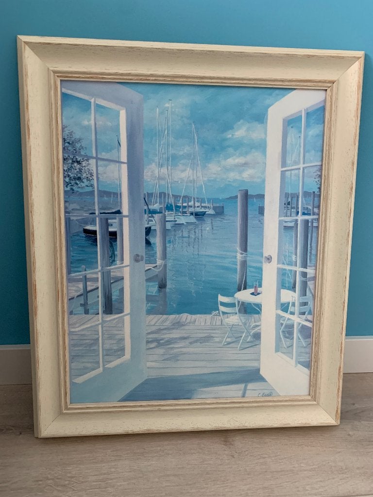 Schilderij haven met off white lijst, Ophalen, Overige stijlen, Bijzondere lijst, Maritiem / water
