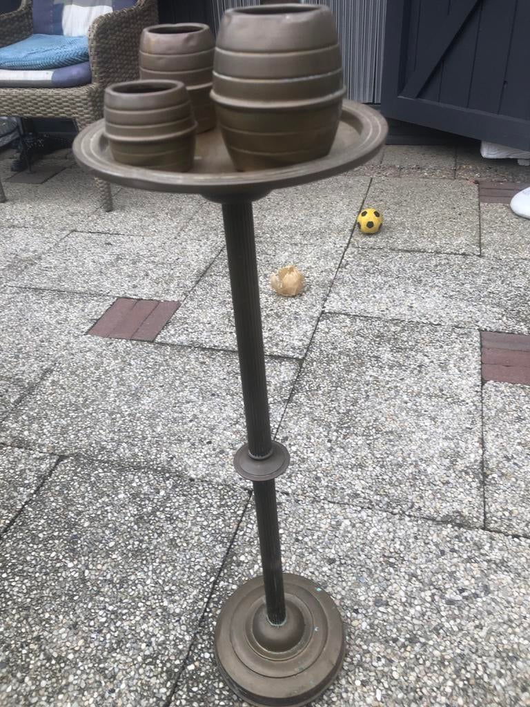 Antieke bronzen asbak staander met 3 potjes, Ophalen, Koper