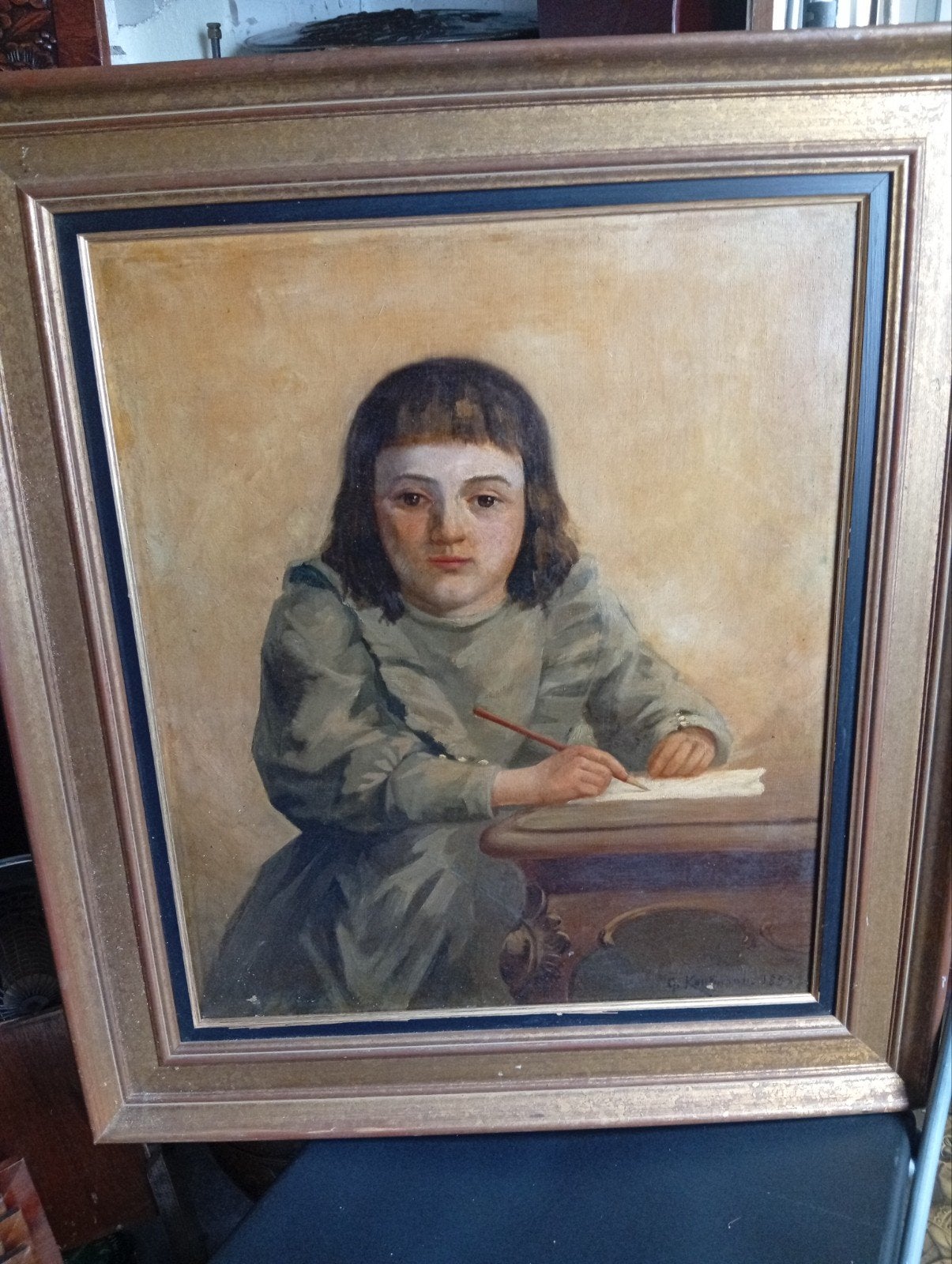 Olieverfschilderij: Portret van een schrijvend kind, 1855, Ophalen of Verzenden