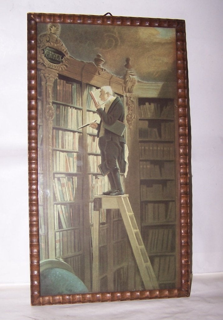 Antieke reproductie 'Der Bücherwurm' ingelijst. Izgs., Ophalen of Verzenden, Reproductie, Print/reproductie, Ingelijst