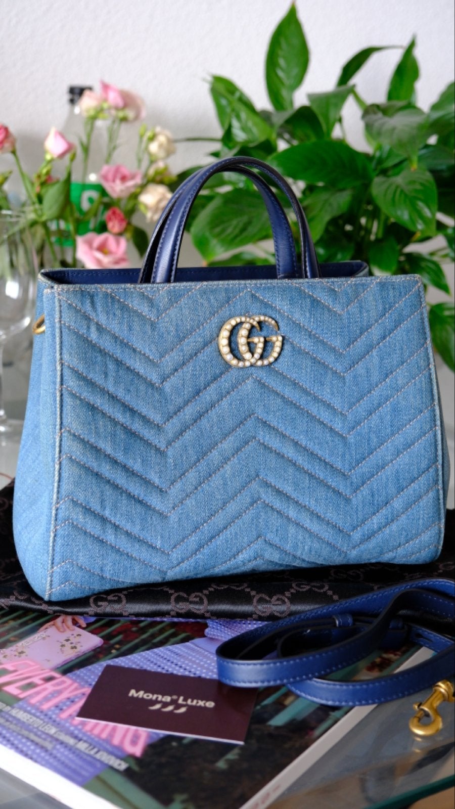 Gucci Marmont Denim Pearly Schoudertas/Handtas, Ophalen of Verzenden, Zo goed als nieuw, Blauw, Handtas