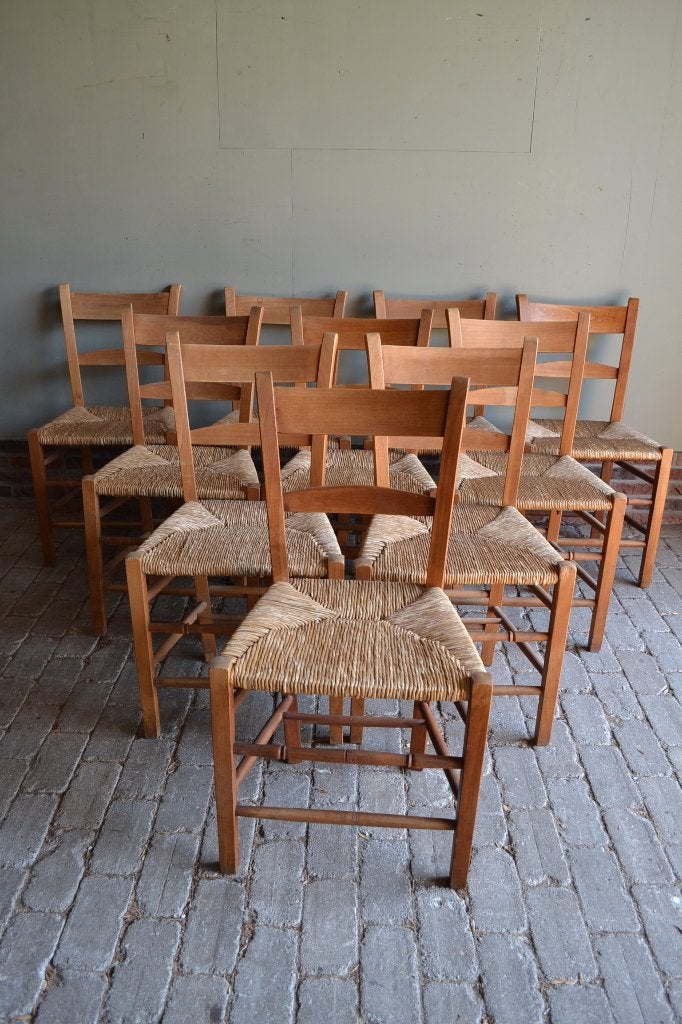 Prachtige set van 10 oude eiken kerkstoelen, keukenstoelen