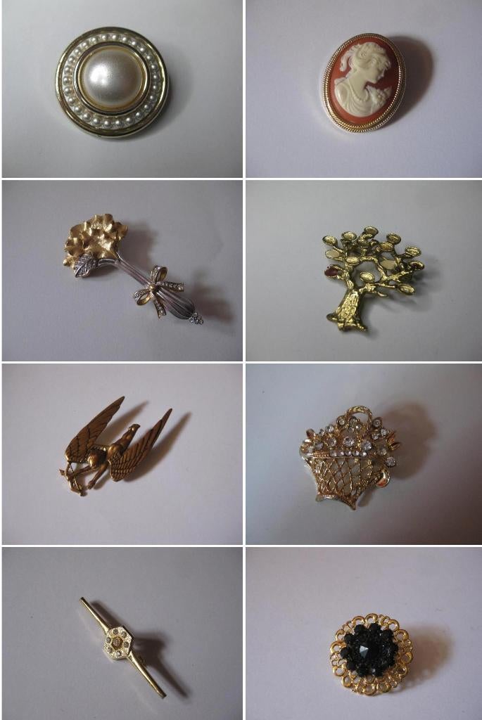 Diverse vintage broches / camee cupido bloemenmand etc, Overige materialen, Zo goed als nieuw, Goud, Ophalen