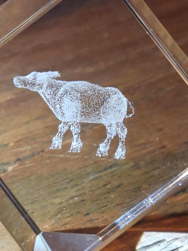 3D Lasergegraveerde Glazen Presse-papier met Koe, Ophalen of Verzenden, Gebruikt, Kristal, Overige typen