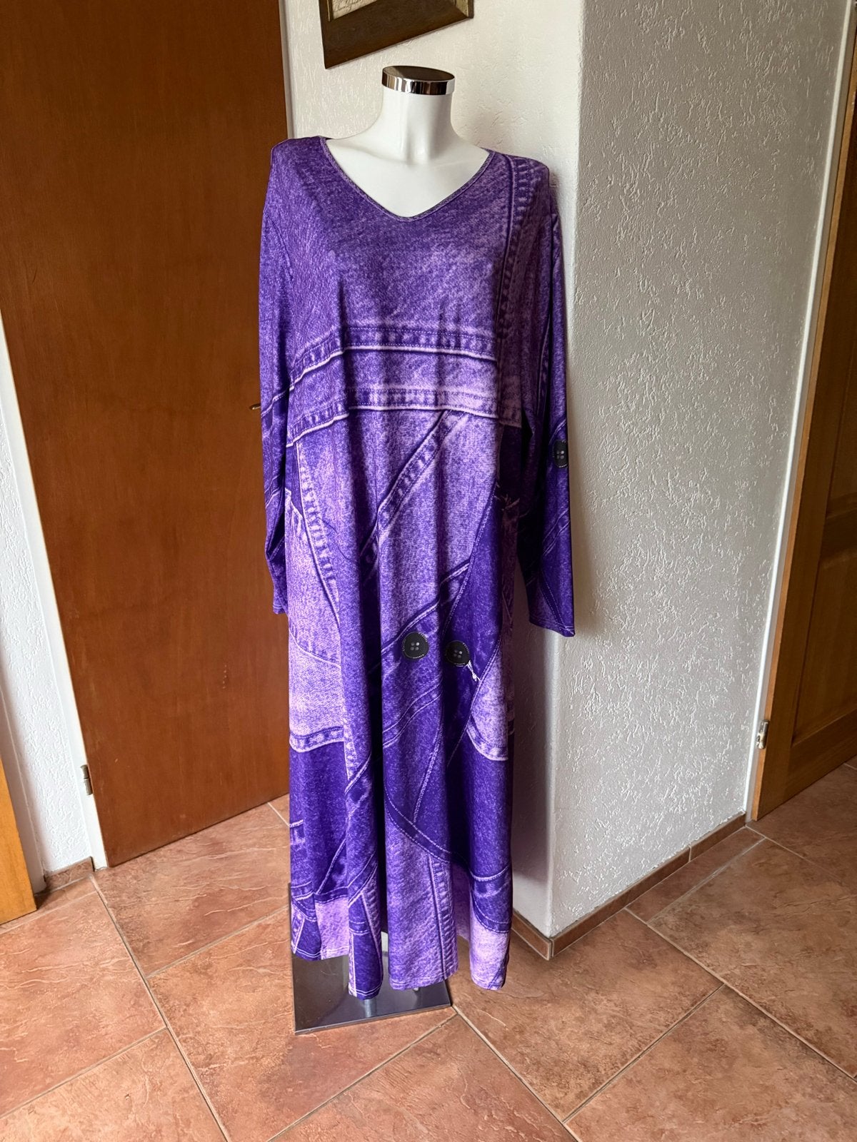 Lange paarse jurk met denim print - Maat 4XL, Paars, Maat 46/48 (XL) of groter, Ophalen of Verzenden, Zo goed als nieuw