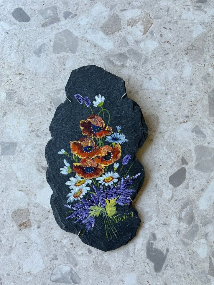 Handgeschilderde bloemen op leisteen, Antiek en Kunst, Ophalen